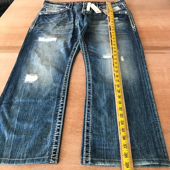 Rock Revival Suhul Straight Jeans Men 38x28 Blue Mid Rise Distressed Embroidered - Picture 6 of 16